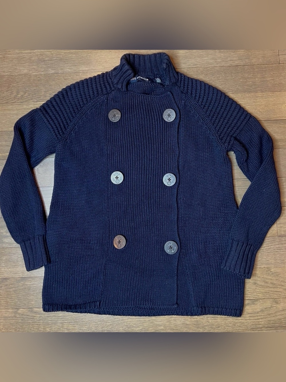 325 America Anthropologie Chunky Knit Double Breasted Cardigan Jacket Navy XS